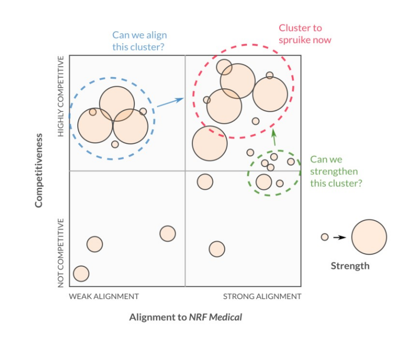 Matrix chart plotting university and partner capabilities by strength, competitiveness, and alignment to funding sources